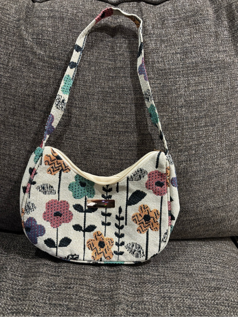 SHEIN Cream Floral Tapestry Shoulder Bag with Pink, Green & Orange Flowers